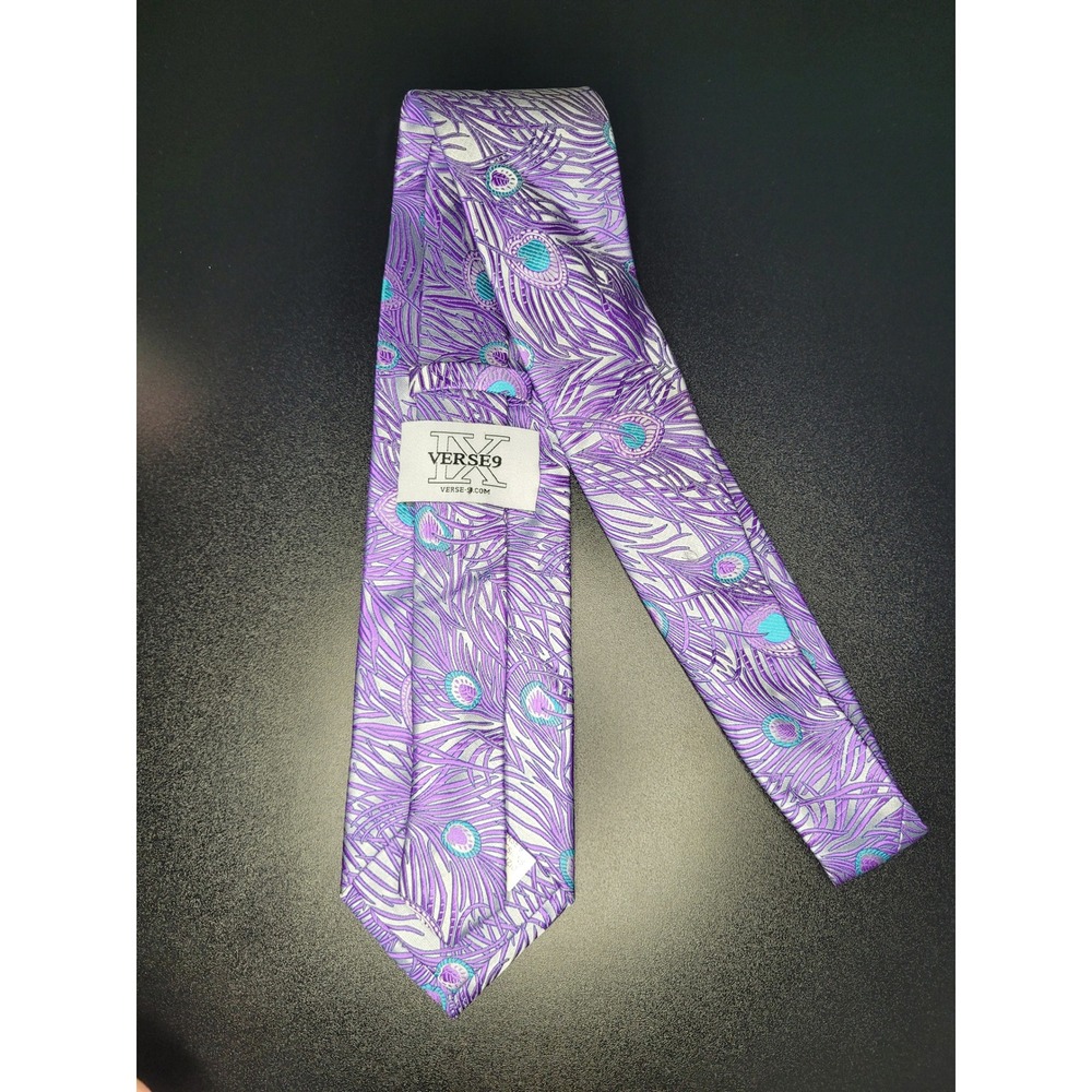 Verse 9 Necktie Purple Gray Teal Peacock Feather Silk Excellent - Picture 3 of 4
